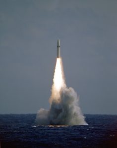 A Polaris A3 fleet ballistic missile lifts off at 12:33 p.m. EST during a launch from the nuclear-powered strategic missile submarine USS ROBERT E. LEE (SSBN-601). The launch is taking place on the Eastern Test Range.